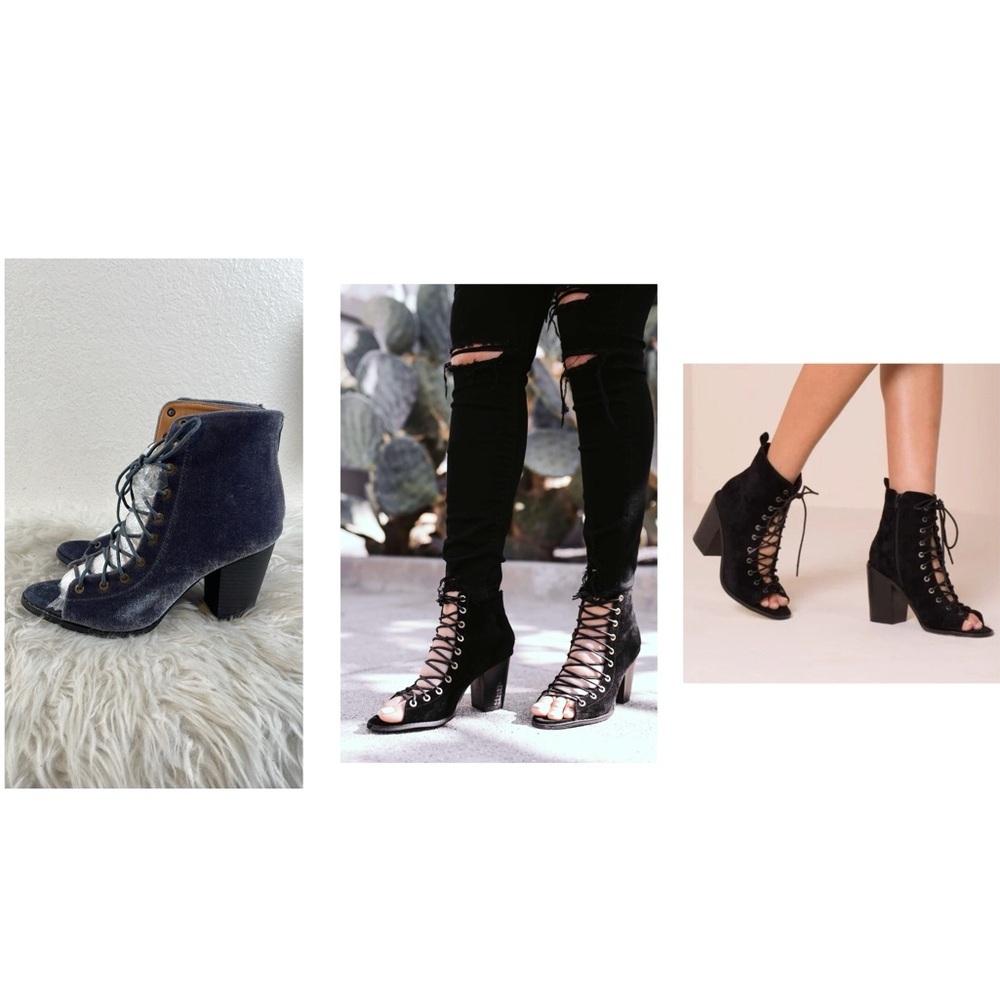 YOKI Brie Lace Up Stacked Heel Peep Toe Gray/Blue Ankle Booties Boots Sz 10 NEW